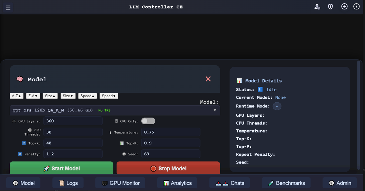LLM Controller CE app interface showing chat, model controls, runtime visibility drawers, logs, GPU monitoring, analytics, benchmarks, and administration tools
